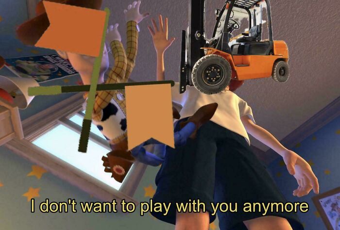 Toy Story meme with a forklift and orange flags, representing funny homedepot employees posts