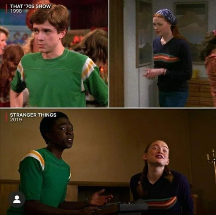 Split image comparing '70s Show and Stranger Things fashion, nostalgic memes for '90s kid childhood.