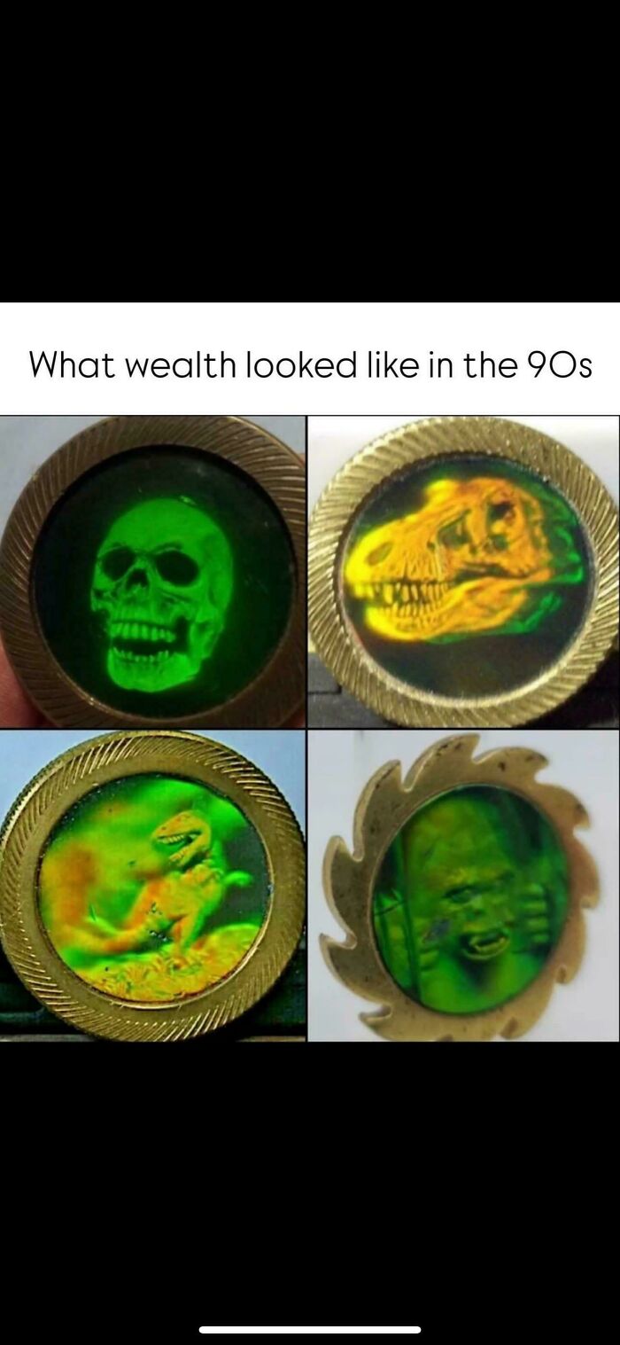 Four examples of '90s kid holographic coins, representing what wealth looked like then, a nostalgic meme.