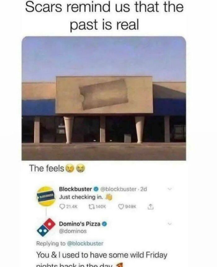 A '90s kid nostalgic meme showing an old Blockbuster store sign and a tweet exchange about past Friday nights.