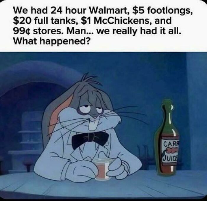 A nostalgic meme of Bugs Bunny looking sad while drinking carrot juice and reminiscing about the '90s.