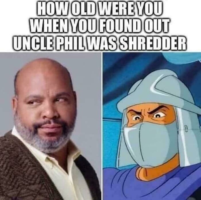 A side-by-side meme of Uncle Phil and Shredder, a nostalgic meme for 90s kids.