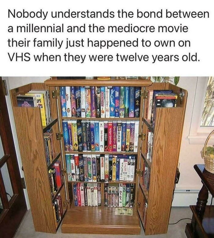 A tall wooden cabinet filled with VHS tapes, a nostalgic meme for a 90s kid.