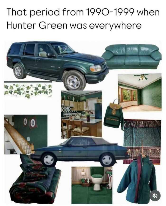 A collage of green 90s kid items including a car, couch, and bedroom, evoking nostalgic memes.