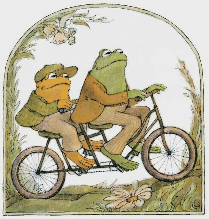 A nostalgic meme illustration of Frog and Toad riding a tandem bicycle, bringing back '90s kid childhood memories.