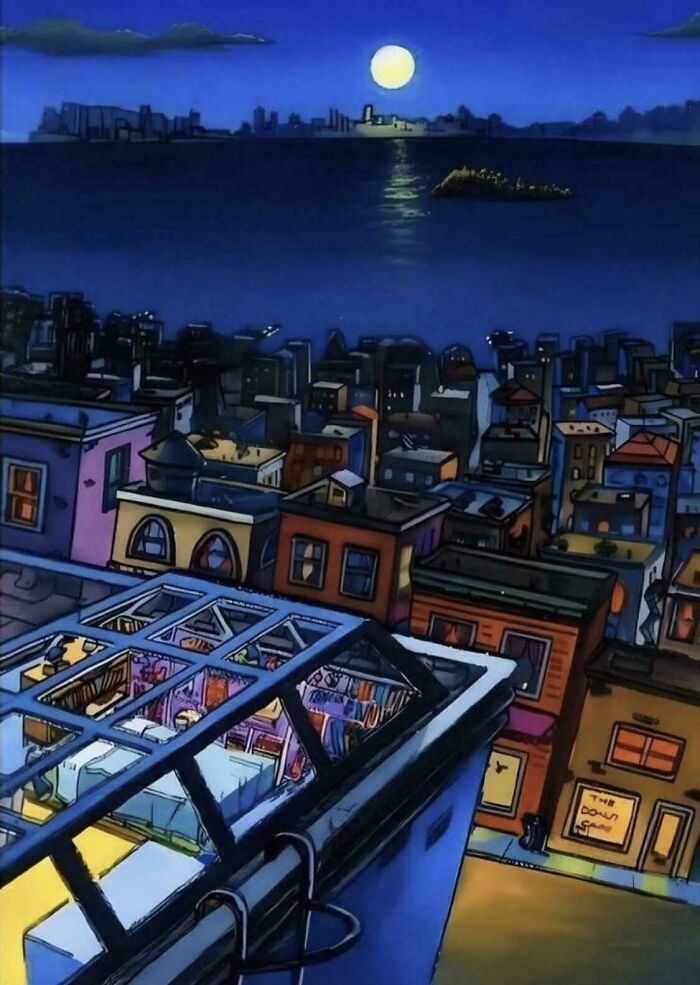 A vibrant, nostalgic meme of a cityscape at night with a full moon over the water, reminiscent of '90s kid cartoons.