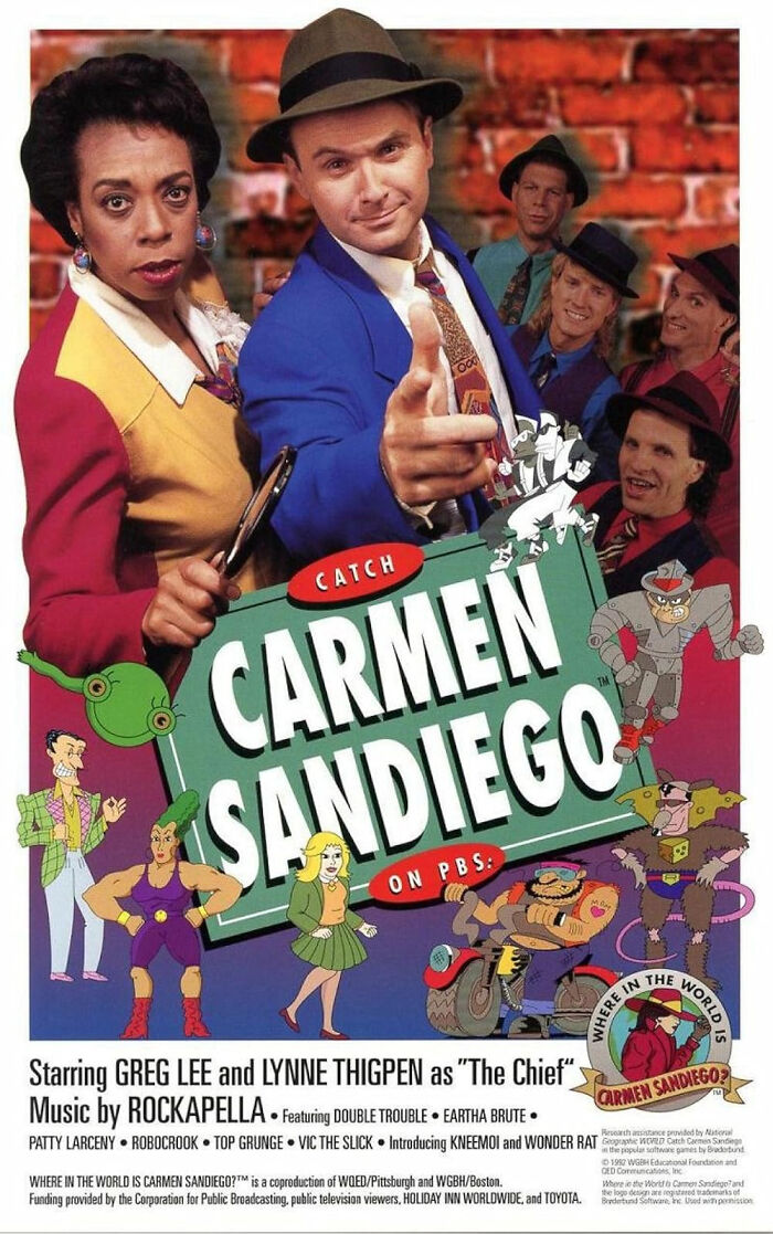 Poster for the 90s show Where in the World is Carmen Sandiego?, featuring animated and live-action characters.