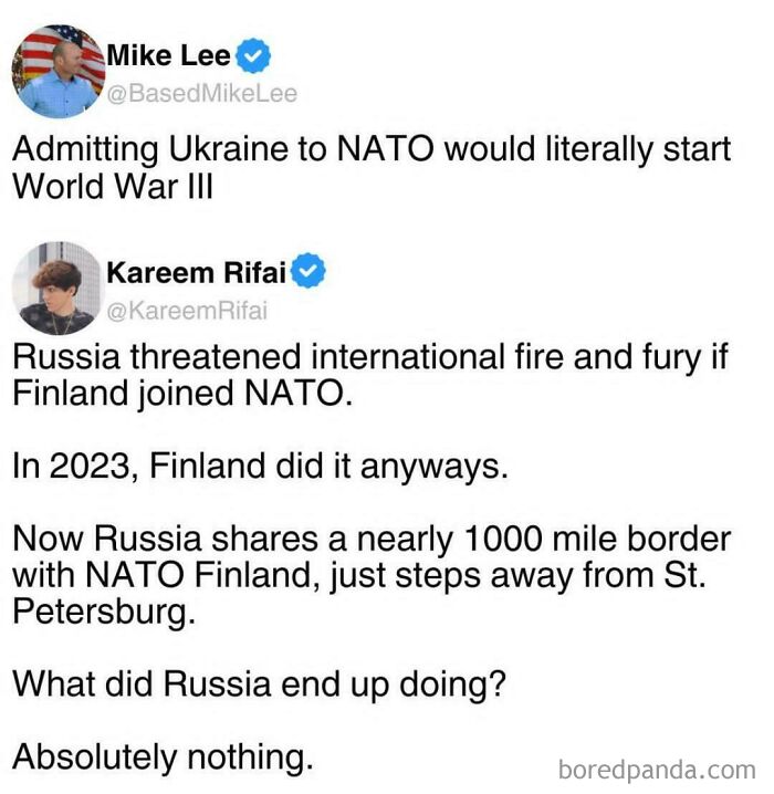 Ironic responses: Ukraine joining NATO causing WW3, contrasted with Russia's inaction after Finland joined NATO.