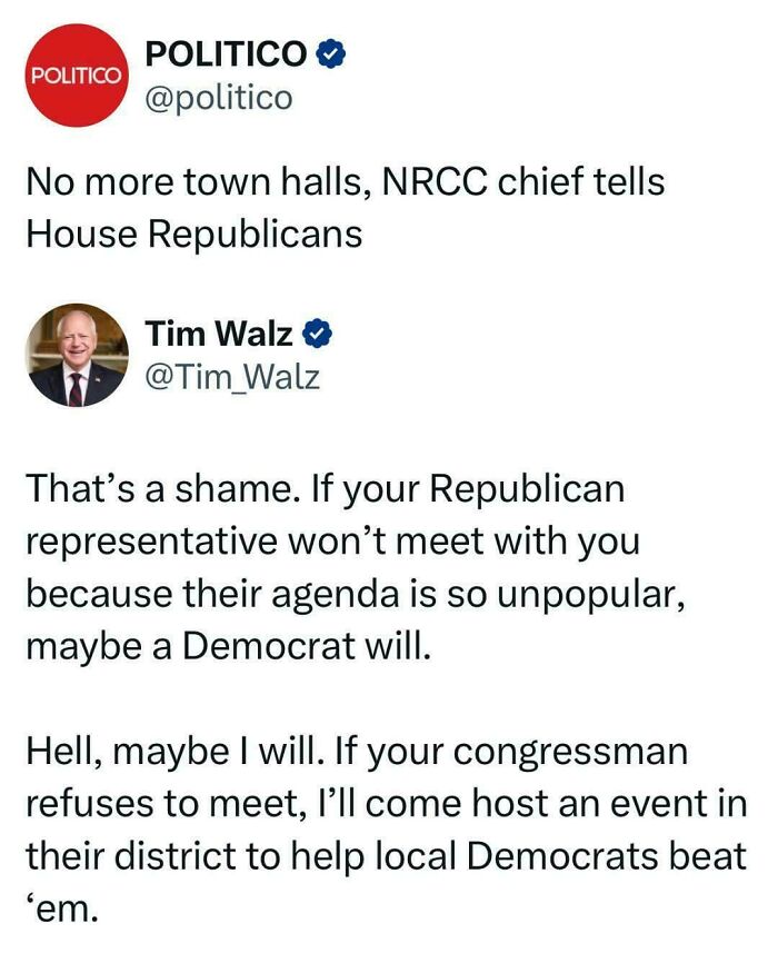 Ironic responses to nonsensical posts: Tim Walz offering to host events if Republican representatives avoid town halls.