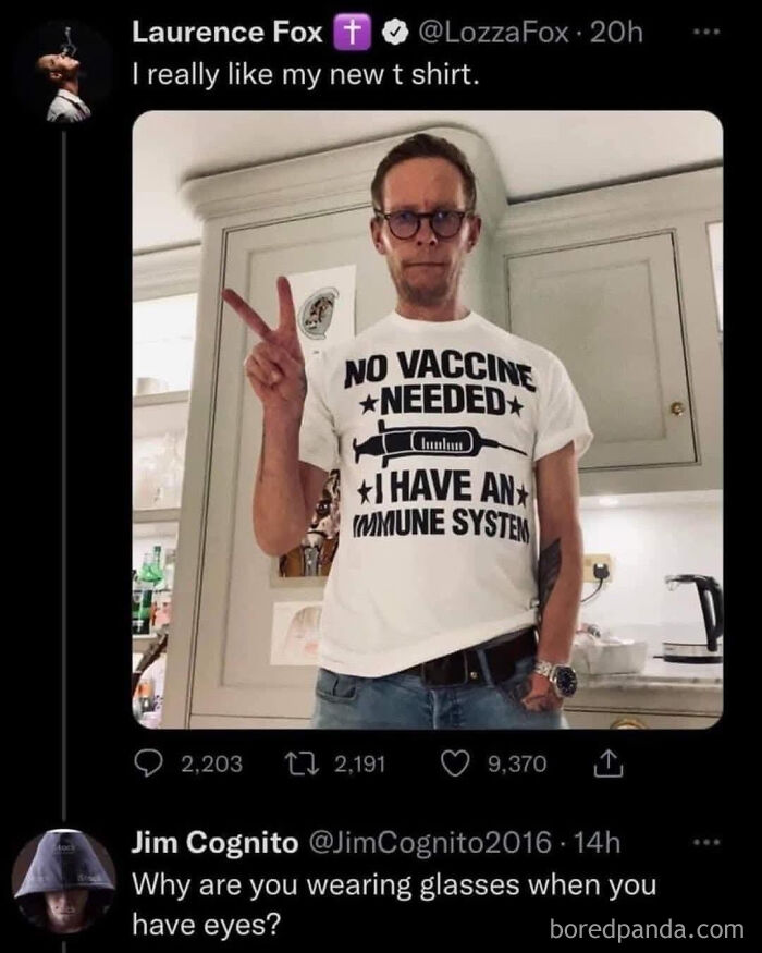 Ironic responses to nonsensical posts: A man wearing a No Vaccine Needed shirt, with a comment questioning his glasses.