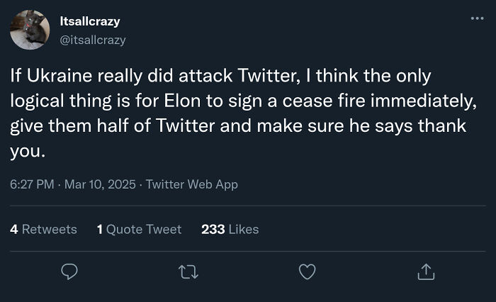 Ironic responses to nonsensical posts: A user sarcastically suggesting Elon Musk sign a ceasefire with Ukraine over Twitter.