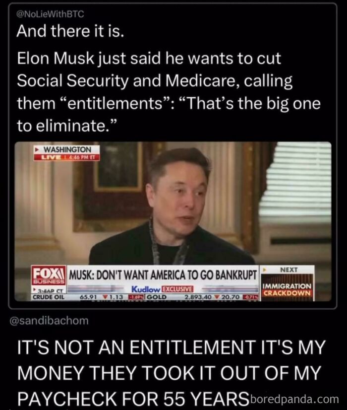 Ironic responses to nonsensical posts: Elon Musk discussing cutting Social Security and Medicare, sparking a heated online debate.