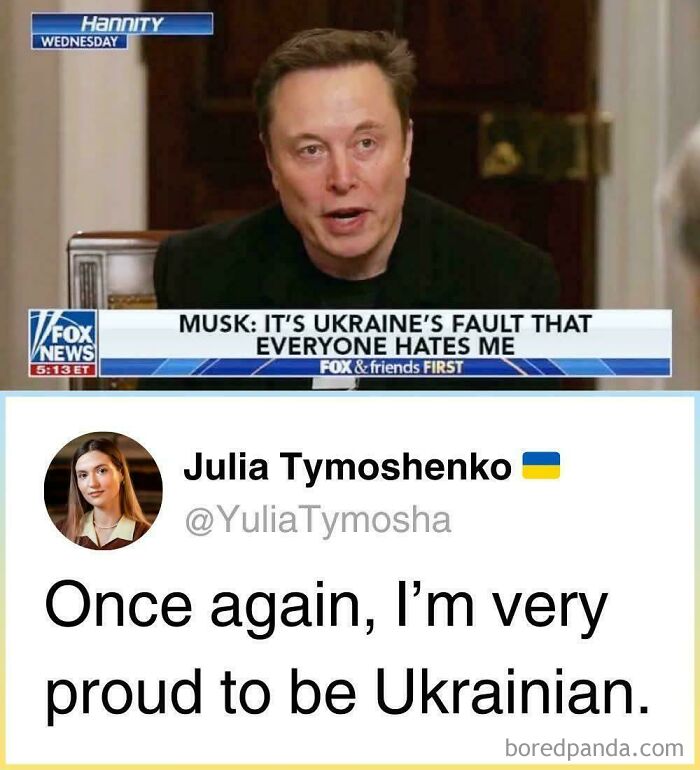 An ironic response from Julia Tymoshenko on Twitter about Elon Musk blaming Ukraine, expressing Ukrainian pride.