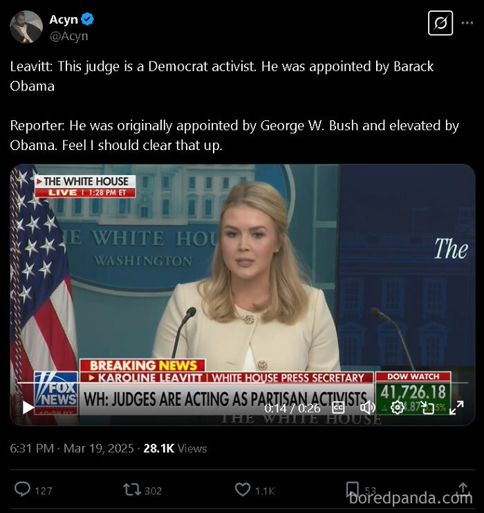 An ironic response on Twitter correcting misinformation about a judge's appointment, showing a White House press secretary.