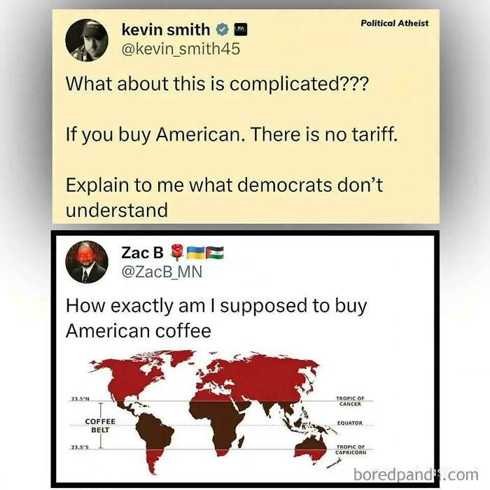 An ironic response to a nonsensical post on X questioning how to buy American coffee with a map showing coffee belt.