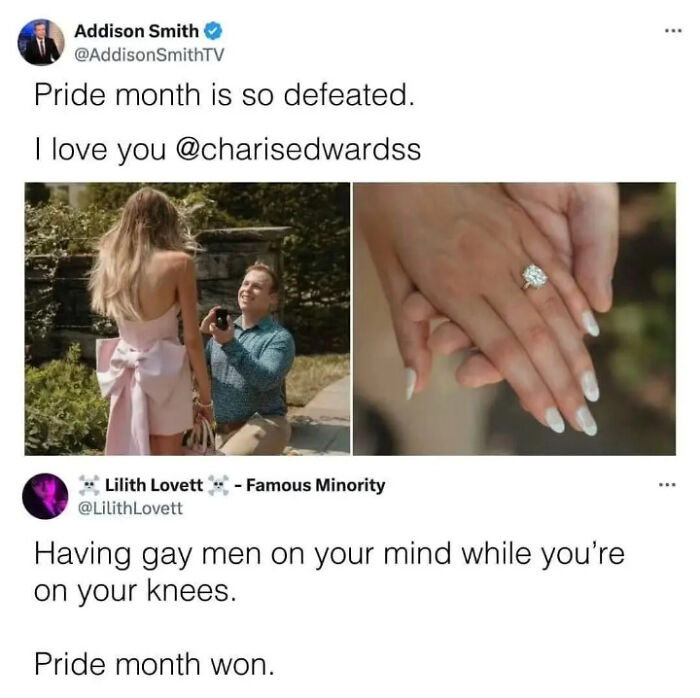 Ironic responses to nonsensical posts: a tweet showing a man proposing, with a sarcastic comment about gay men and Pride month.