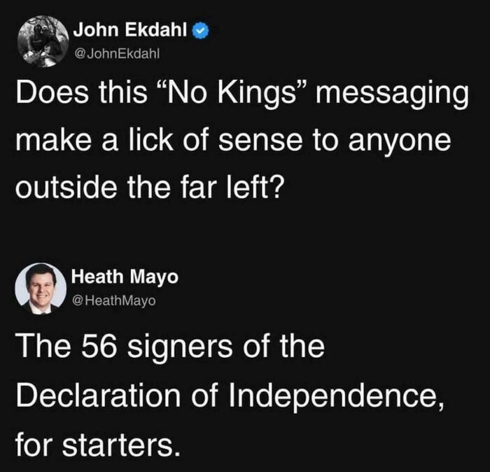 Ironic responses to nonsensical posts: a tweet exchange about the meaning of "No Kings" messaging and the Declaration of Independence.