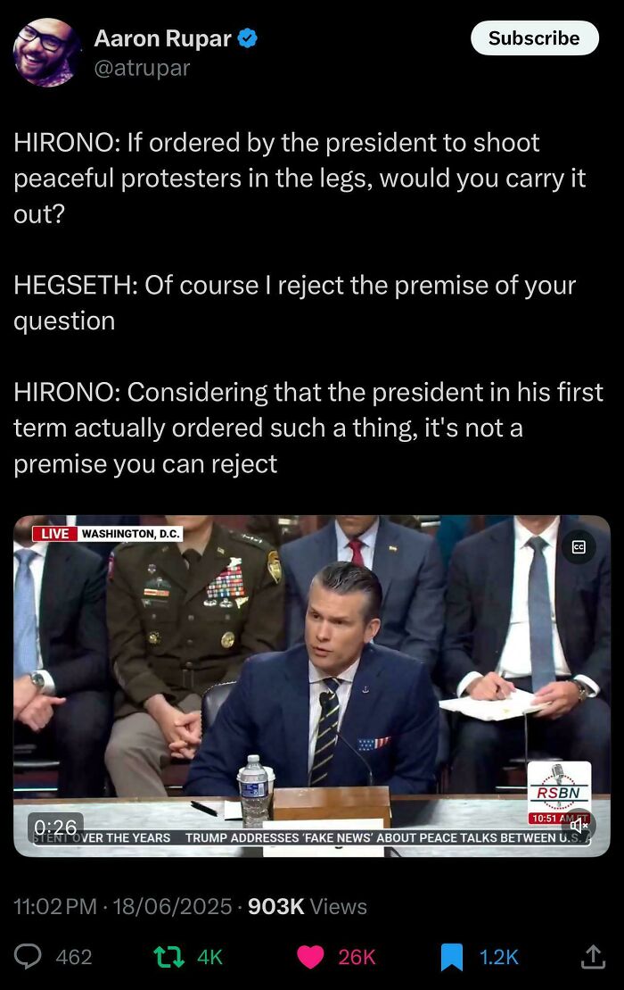 Ironic responses to nonsensical posts: a politician at a hearing discussing orders to shoot peaceful protesters.