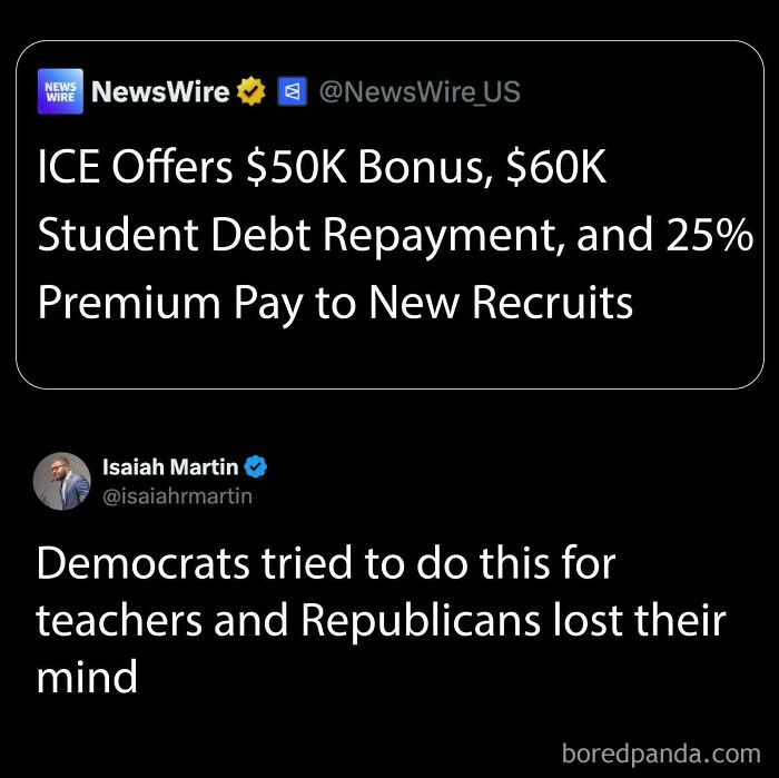 An ironic response to a nonsensical post about ICE recruitment bonuses compared to teacher benefits.