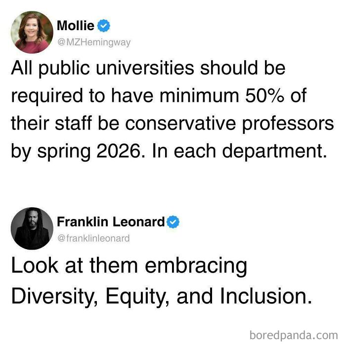 An ironic response to a nonsensical post about requiring conservative professors for university diversity.