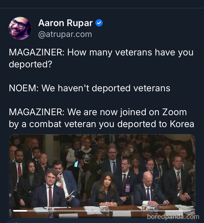 An ironic response to a nonsensical post about a veteran deportation claim, showing a congressional hearing.
