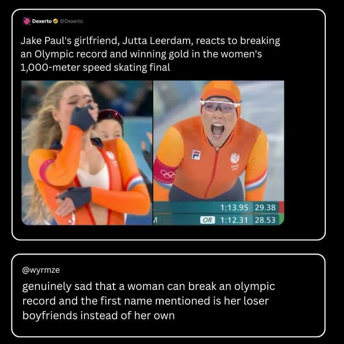 An ironic response to a nonsensical post about an Olympian's boyfriend rather than her achievement.