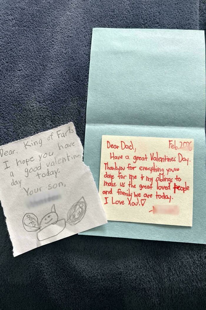 Two handwritten cards for dads, a humorous one titled King of Farts with a drawing and a heartfelt thank you note.