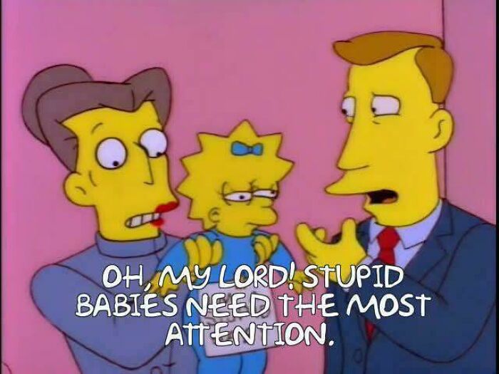A Simpsons scene: two adults and Maggie, with text about babies needing attention. Connects to feel-good posts for dads.