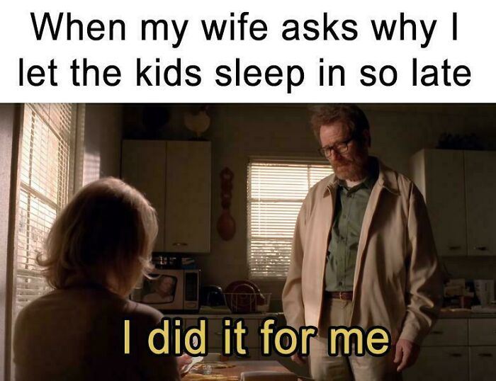 A dad looking guilty in a kitchen with the caption "I did it for me," depicting common challenges of dads.