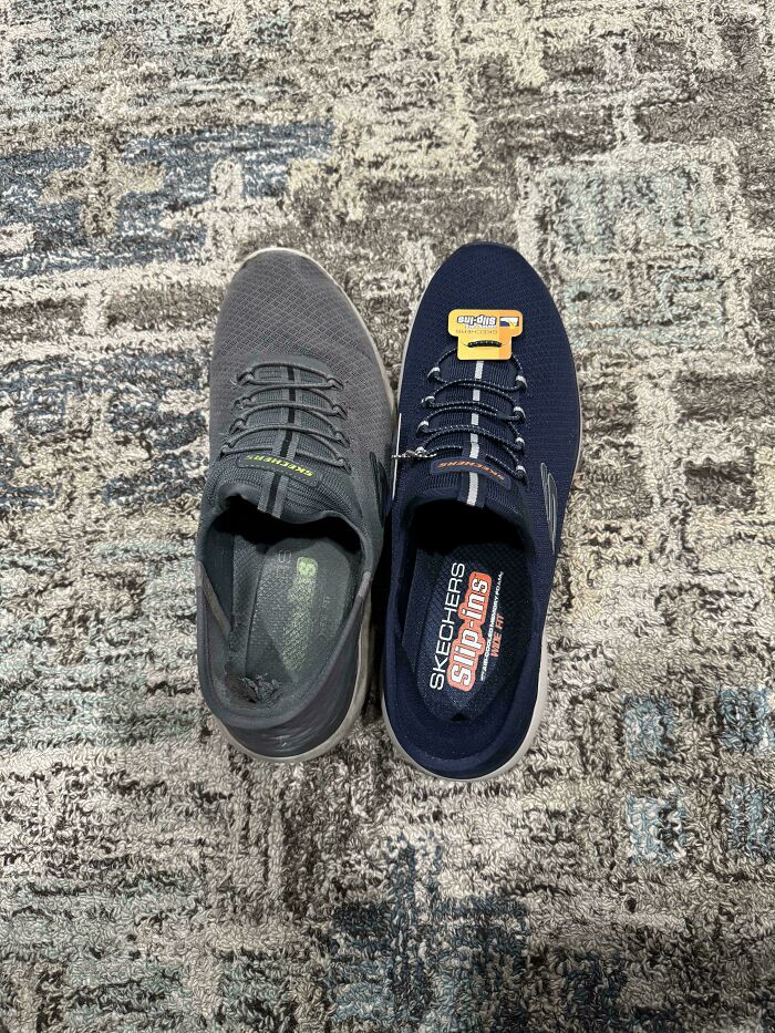 New Skechers Slip-ins next to a worn gray pair, likely belonging to a dad, on a patterned rug.