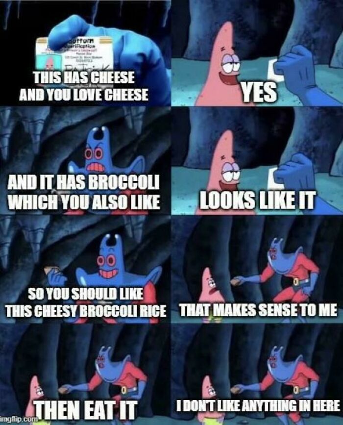 A Spongebob meme depicting a dad trying to convince Patrick to eat cheesy broccoli rice, highlighting parenting struggles.