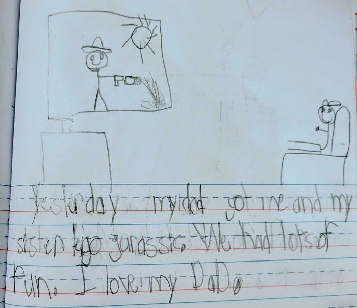 Child's drawing and handwriting on lined paper expressing love for their dad and a Jurassic adventure, perfect for dads.