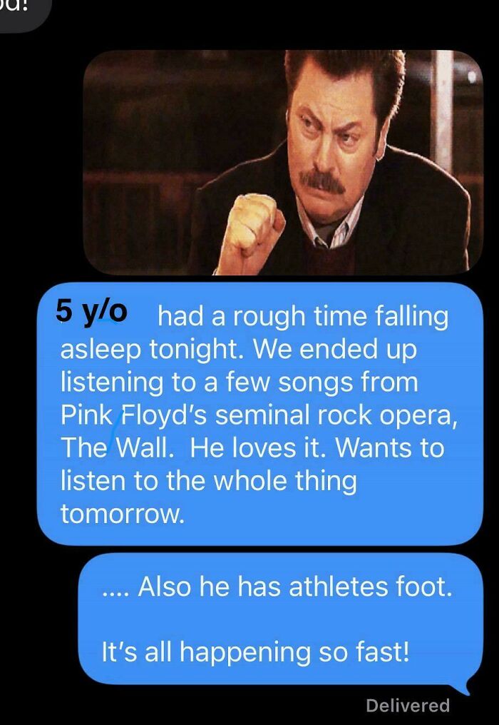 Text message about a 5-year-old listening to Pink Floyd and having athlete's foot, with a meme for dads.