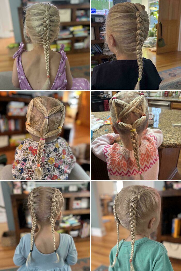 Multiple photos showcase various braided hairstyles on little girls, perfect for dads looking for new pics.