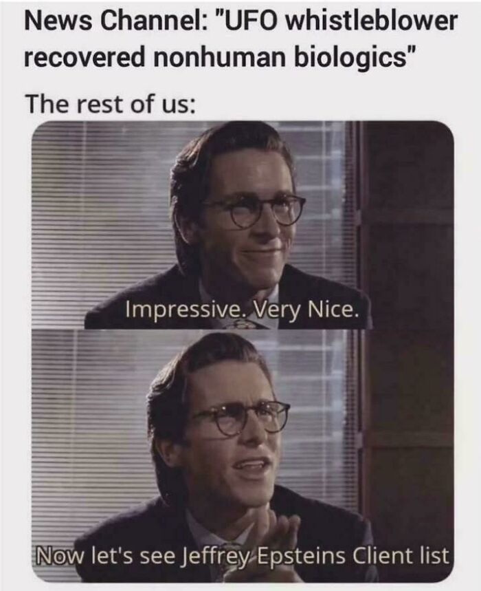 Man with glasses reacting to UFO whistleblower news, reflecting humor in posts and memes about our lives.