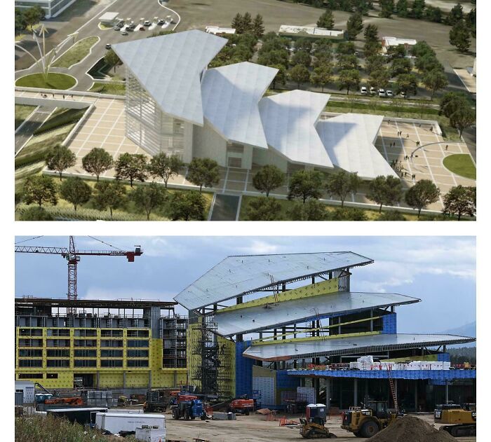 Two images show an impressive building design: a digital rendering of the completed architecture and its real-world construction site.