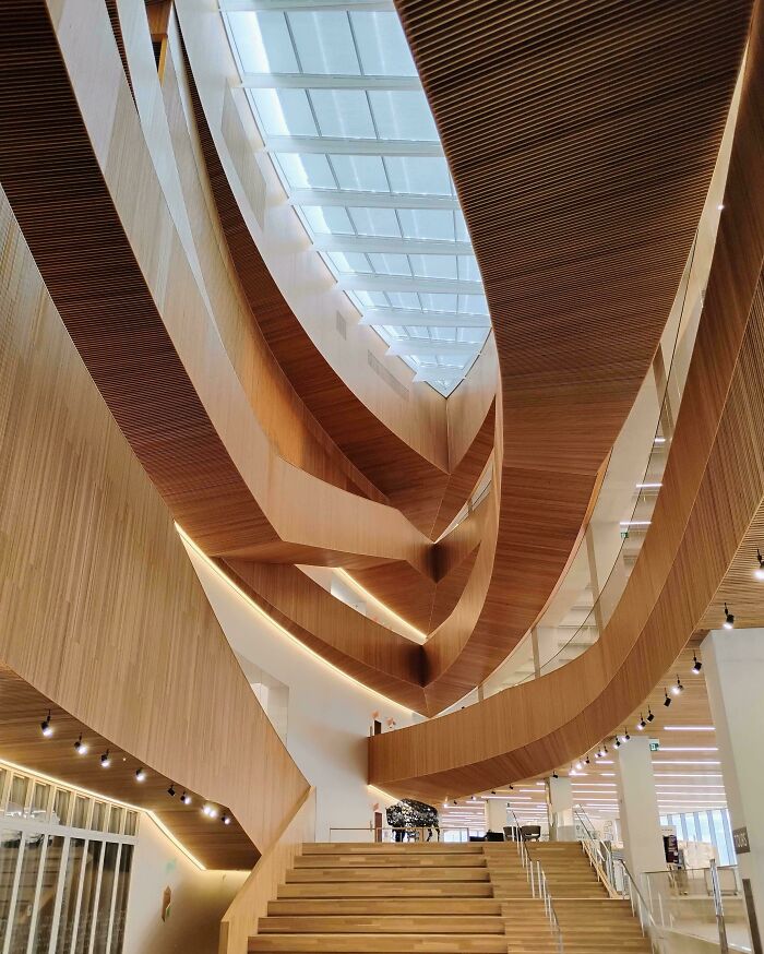 Stunning building interior with curved wooden panels and a glass skylight, showcasing impressive architecture.