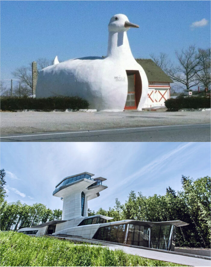 Two unique buildings: a duck-shaped structure and a modern, tiered architecture building, both impressive examples of architecture.