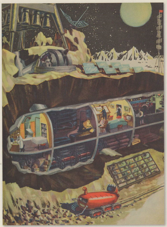 Retrofuturism underground lunar habitat with humans and solar panels on moon surface