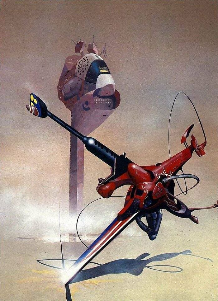 Retrofuturism futuristic red and black aircraft hovering in a desert environment