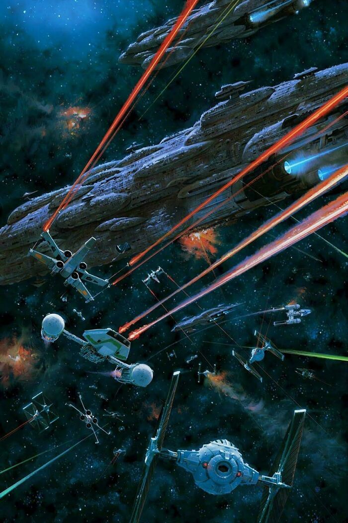 Retrofuturism space battle with starfighters firing lasers at large spaceship