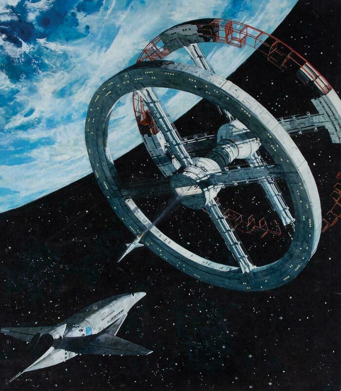Retrofuturism rotating space station orbiting Earth with spaceship approaching