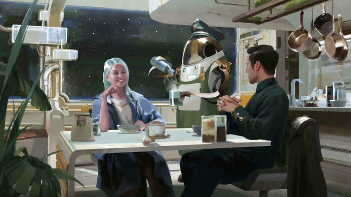 Retrofuturism futuristic robot serving drinks to people in space diner