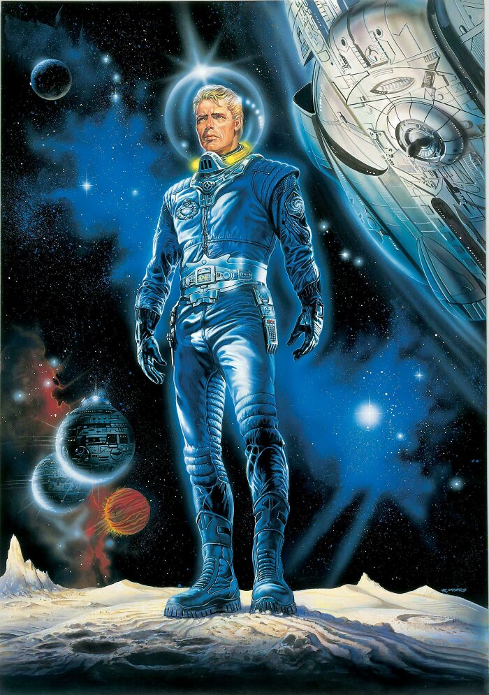 Retrofuturism astronaut in blue suit standing on moon with planets and spaceship