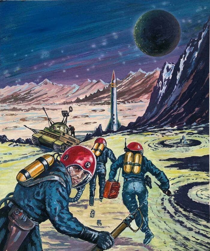 Retrofuturism space explorers walking on alien moon near rocket and vehicle