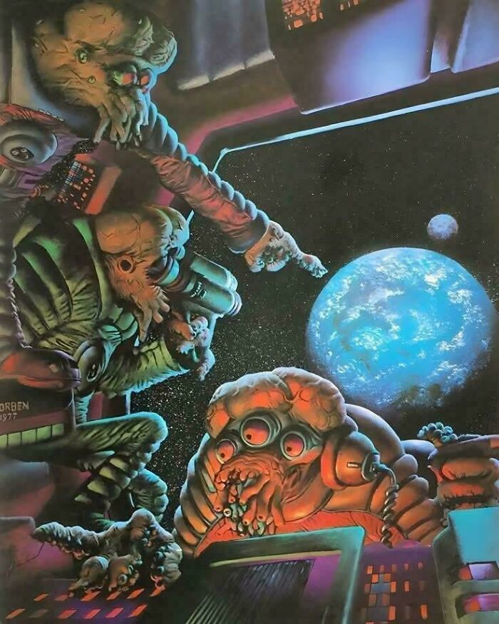 Retrofuturism alien creatures observing Earth from spaceship window