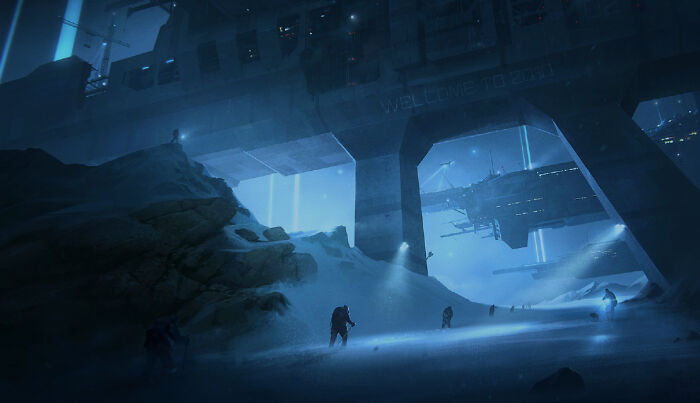 Retrofuturism sci-fi scene of explorers under futuristic space station on icy surface