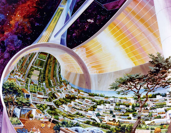 Retrofuturism space colony concept with green city inside rotating cylinder