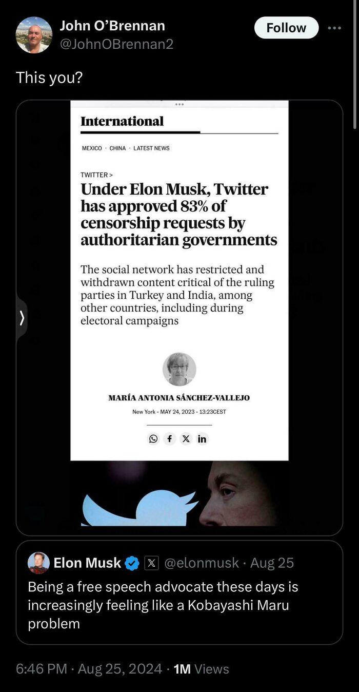 A screenshot illustrating Elon Musk caught in online contradictions about free speech and censorship.