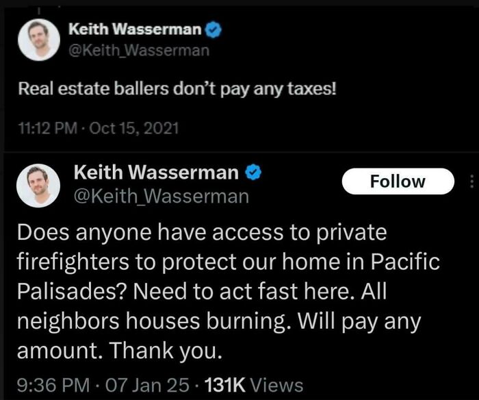 A screenshot showing a person being caught in contradictions online about taxes and firefighters.